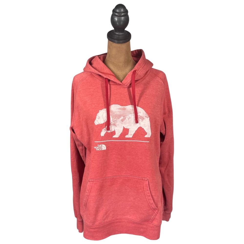 The North Face Womens Bear Graphic Hoodie Red Heathered Fleece Sweatshirt M